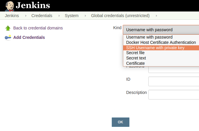 dropdown options ssh username with private key