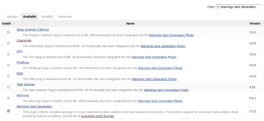 installation warning next generation plugin in jenkins